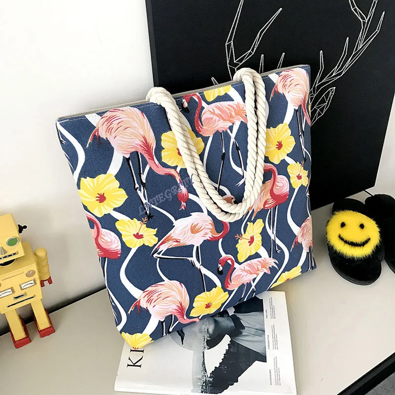 Женская холщовая Повседневная сумка с принтом фламинго пляжная на одно плечо