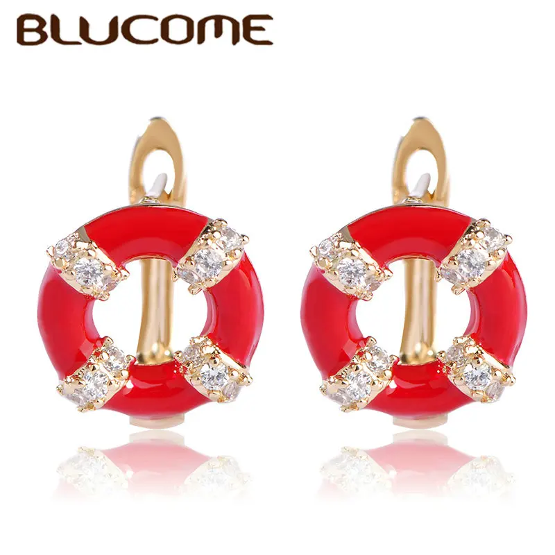 Женские серьги-пусеты Blucome круглые маленькие медные с синей эмалью для свадебной