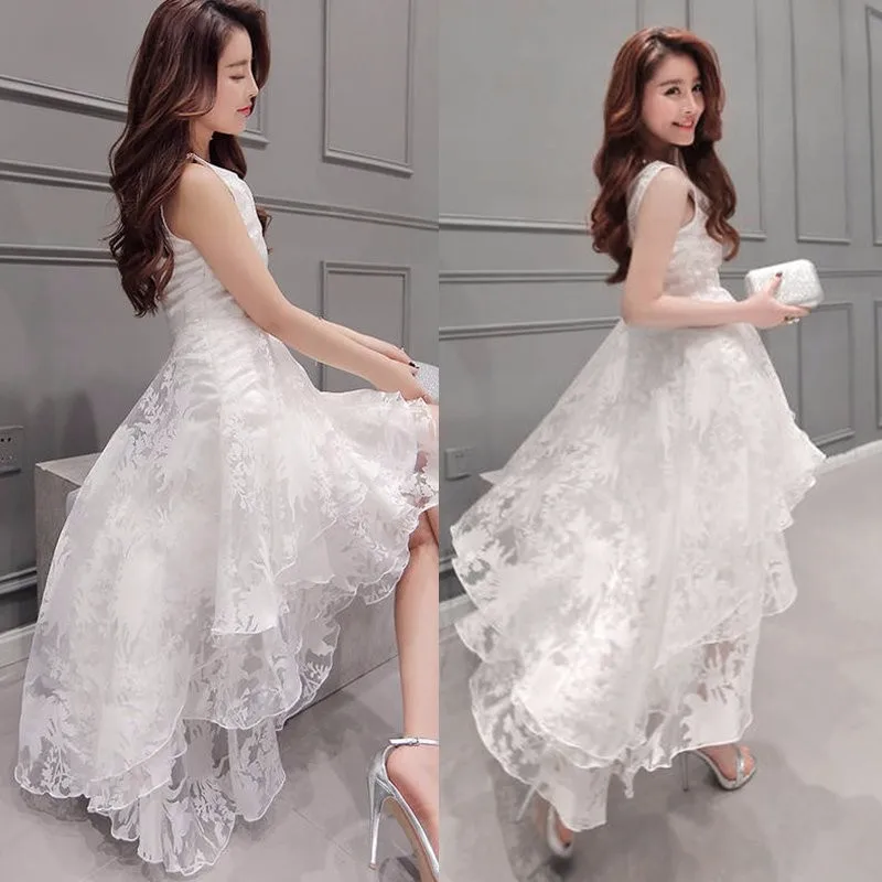 Женское Белое Бальное Платье Vestidos, кружевное платье без рукавов для подружки невесты, платья для вечеринок, асимметричное летнее платье