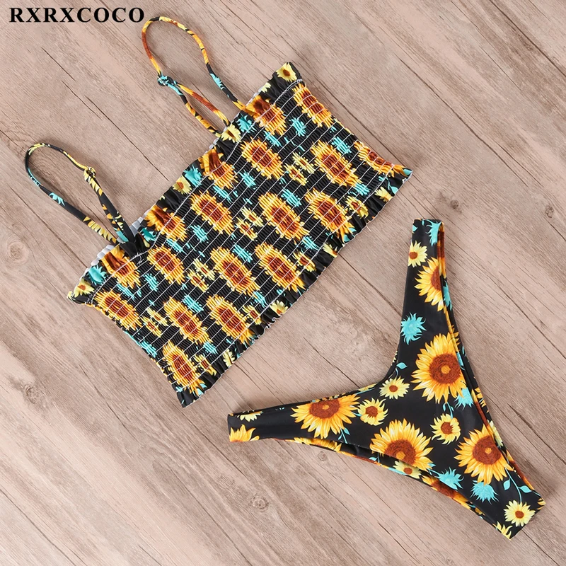 RXRXCOCO купальники для женщин купальник Smocking бикини с высокой талией набор бикини напечатан летний купальник с рюшами пляжная одежда