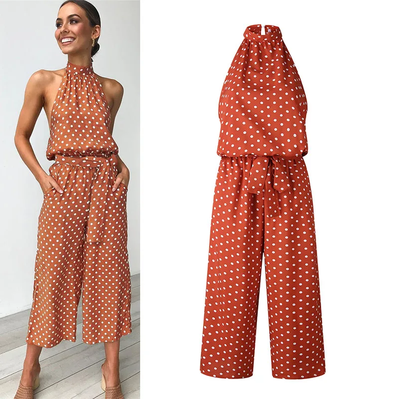 Женский комбинезон в горошек с открытыми плечами летний Свободный Длинный
