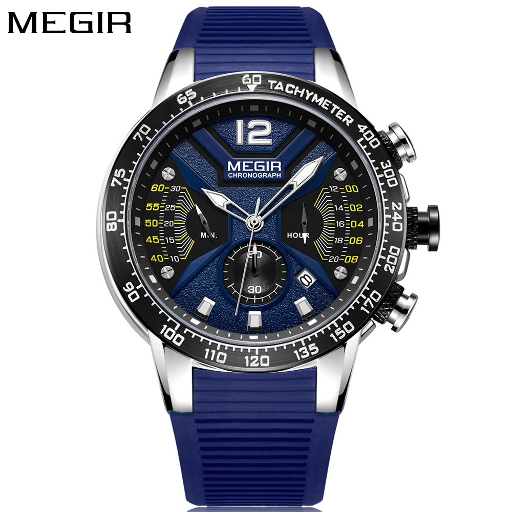 MEGIR модные синие часы с большим циферблатом мужские кварцевые Силиконовые