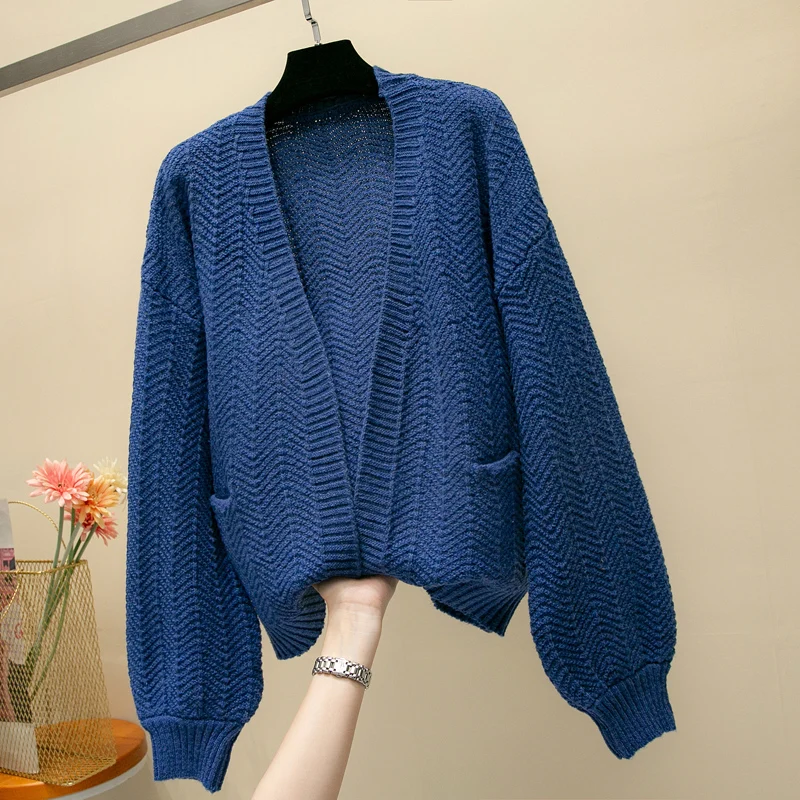 2019 For Girl Casual Knitted Sweater Autumn Korean Women Slim Solid Color Pocket Design Cardigan Khaki White Blue Brown |