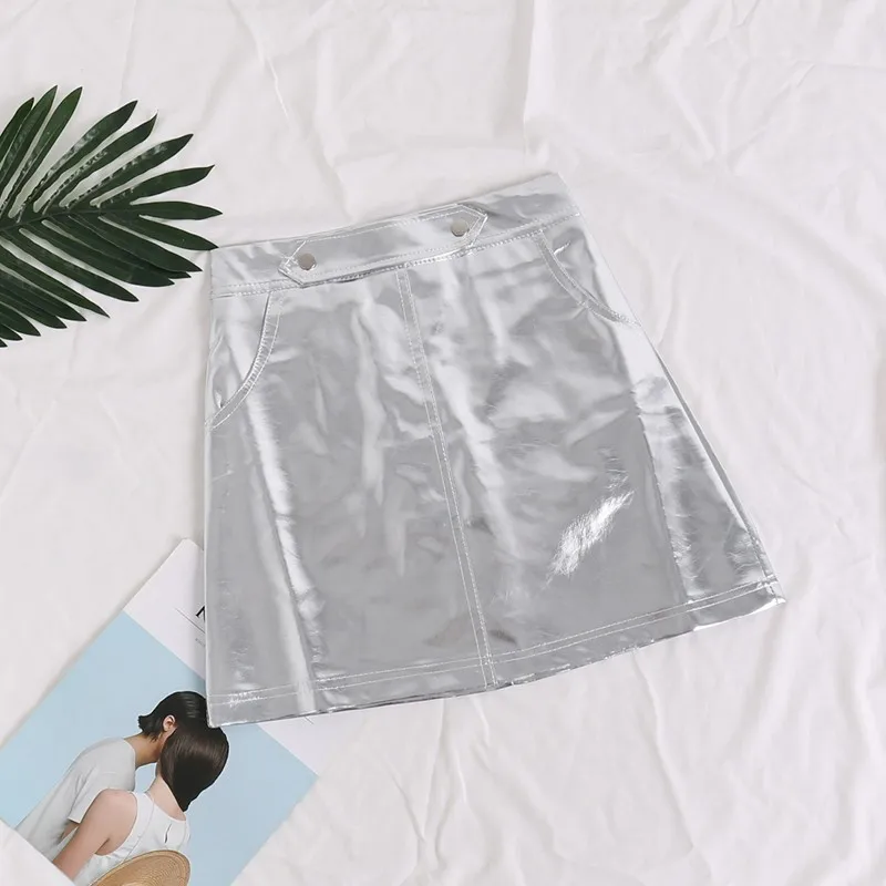 Серебристый Юбка из искусственной кожи металлического цвета, Новая женская короткая юбка с высокой талией и подкладкой яркого цвета, 2 цвета: золотистый, серебристый - Цвет: Серебристый