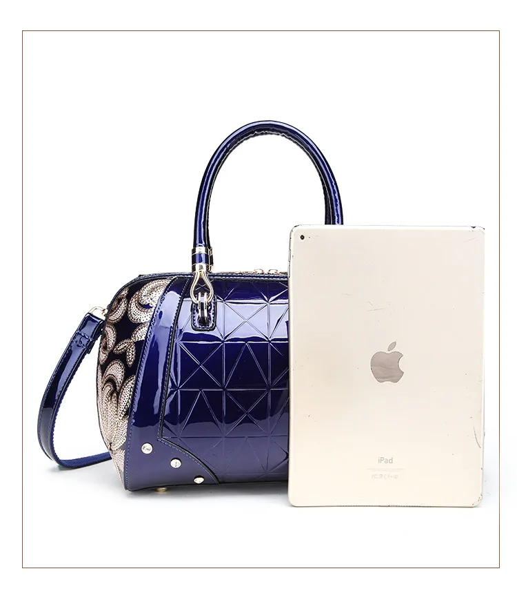 

ICEV luxury handbags women bags designer high quality patent leather boston handbag embossed embroidery shoulder messenger bag