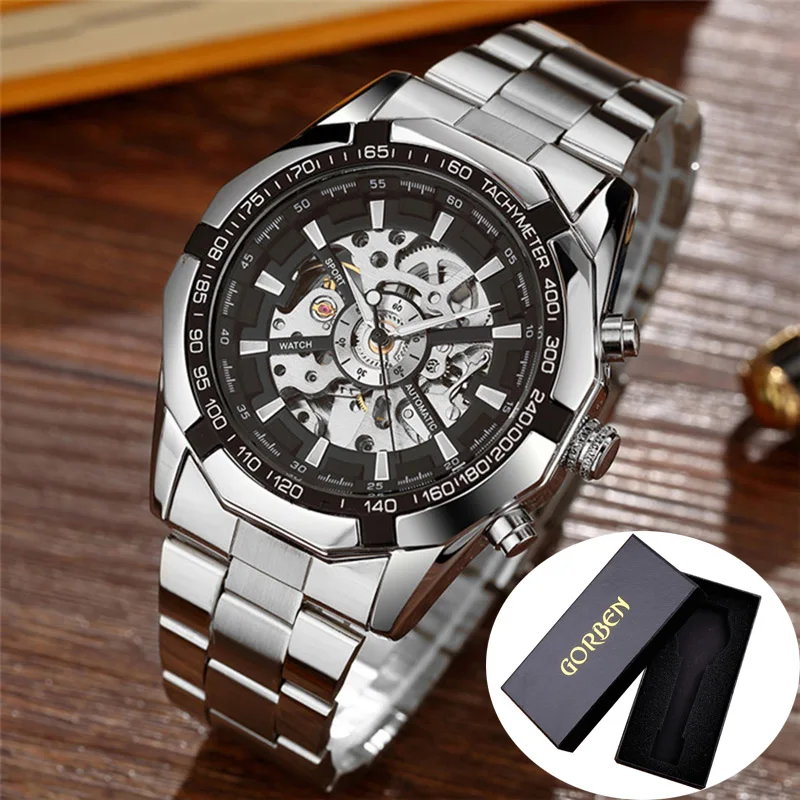 silver with box Скелет Модные механические часы мужские роскошные Лидирующий бренд автоматические наручные часы из нержавеющей стали спортивные золотые мужские часы - Цвет: silver with box