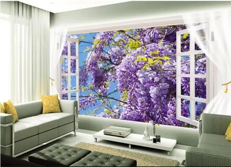 

Пользовательские 3D Фото Обои фреска гостиная диван ТВ фон обои окно фиолетовая лоза декорации Фото обои домашний декор