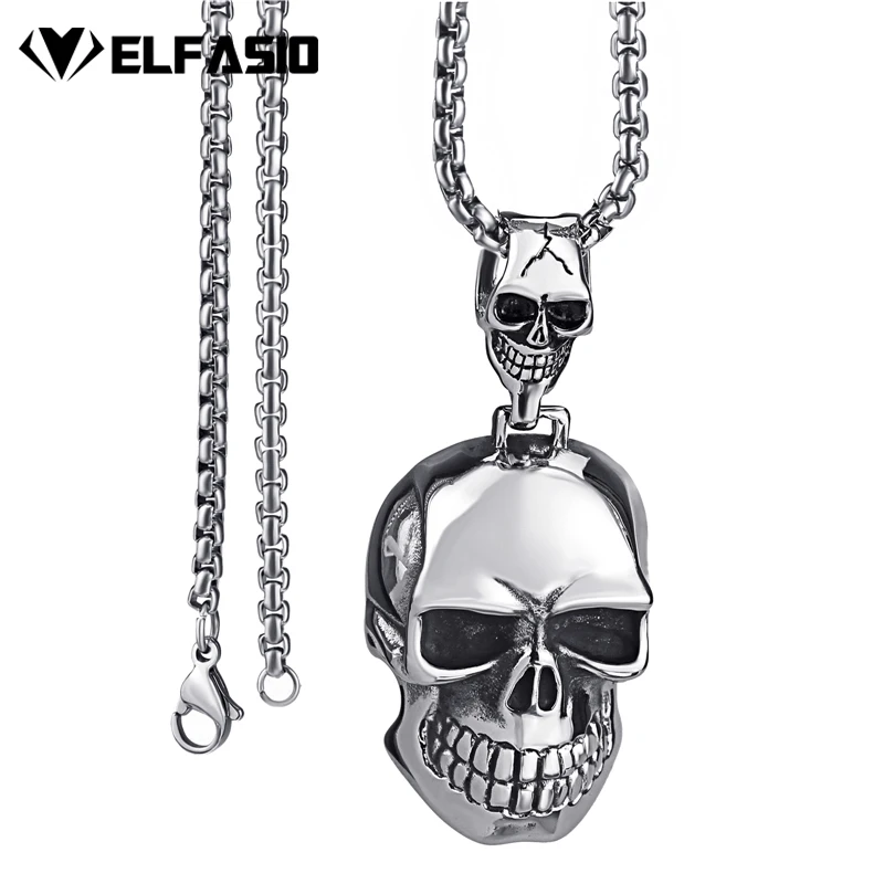 Мужские большие двойные серебряные черепа Elfasio из нержавеющей стали