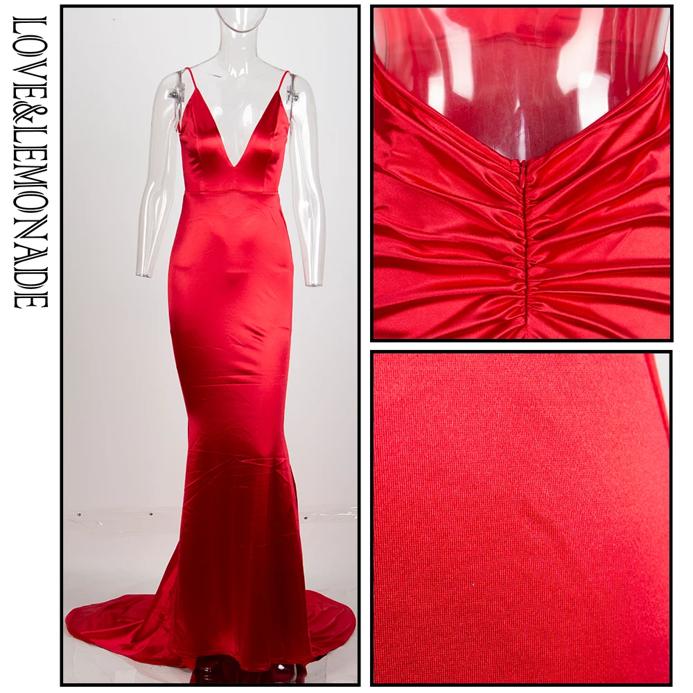 

LOVE&LEMONADE Red Deep V-Neck Open Back Slim Flash Material Long Dress LM81222
