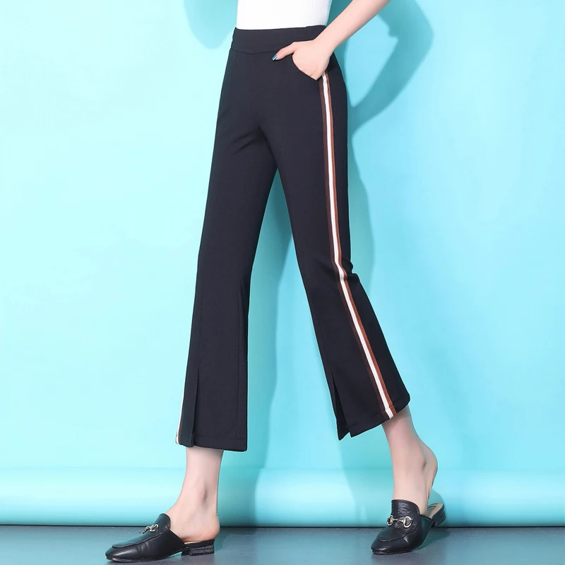 Flared Pants Women 2019 Ankle Length Female Striped Joggers Elastic Waist Plus Size 3XL Ladies Sweatpants High Stretch | Женская одежда
