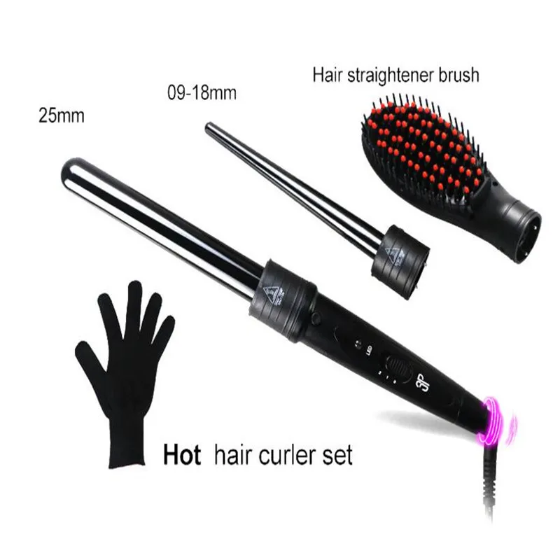 

3p Electric Hair Curling Wand Ceramic Cone Barrel Curler Iron Straightener Brush Hairstyling Salon Beach Wave Roller Styling Kit