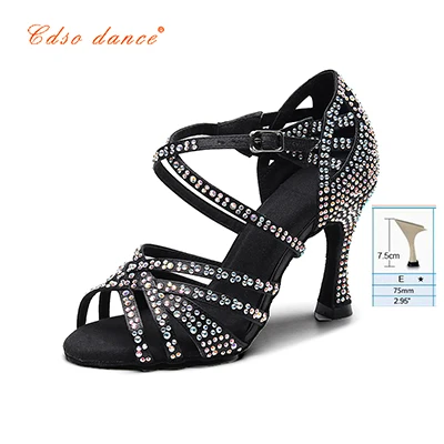 Black 7.5cm heel Cdso/Танцевальная женская обувь из бронзового атласа для латинских танцев; женские Стразы; обувь для сальсы; вечерние свадебные туфли на высоком каблуке 10 см; мягкая подошва - Цвет: Black 7.5cm heel