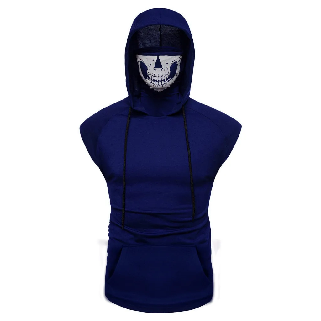 Dark Blue Брендовый мужской спортивный жилет с капюшоном на пуговицах с изображением маски черепа, Модный высококачественный хлопковый топ на бретелях для бодибилдинга, фитнеса, одежда, camiseta - Цвет: Dark Blue