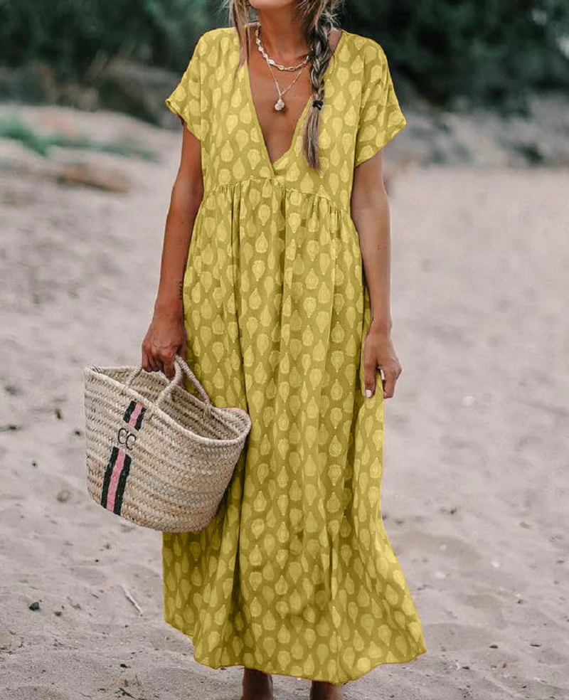 Женское пляжное макси-платье с v-образным вырезом и коротким рукавом летнее