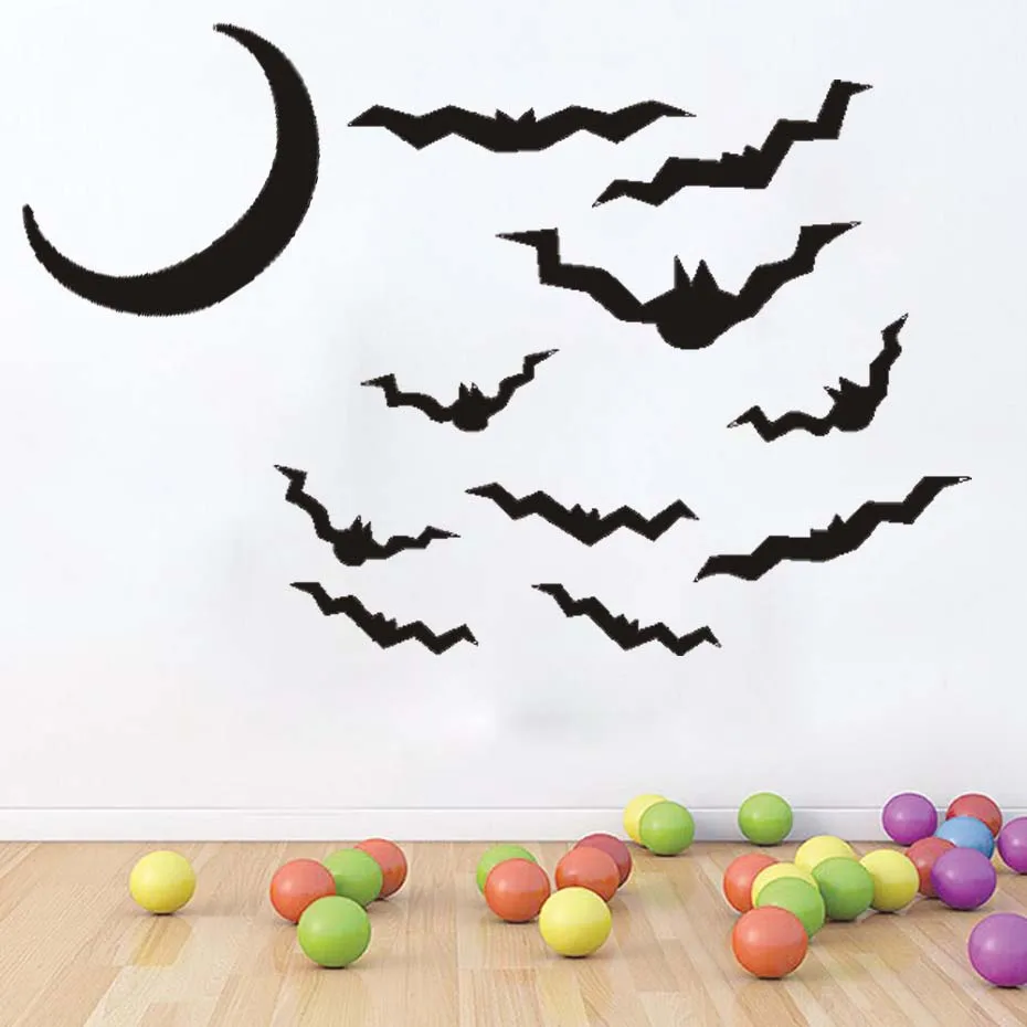 Bats&Moon Halloween Party Window Decals Modern Wall Stickers For Bedroom Living Room Home Decor Waterproof Accessory Wallpaper | Дом и сад