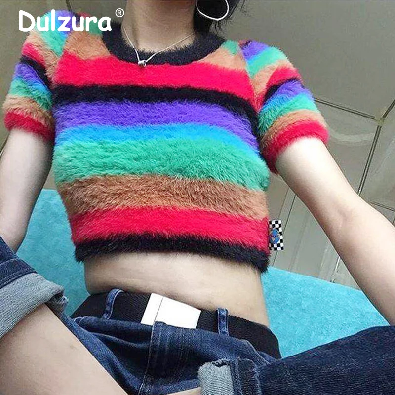 Cozy Mink Cashmere Cropped Tops Sweaters Women Autumn Short Sleeve Knitted Pullovers Colorful Striped High Street Jumpers