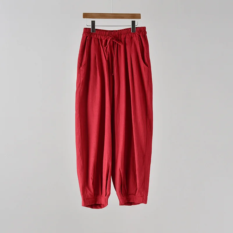 Женские летние хлопковые льняные штаны Knickerbockers однотонные брюки с эластичным