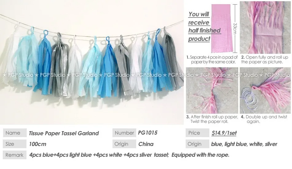 [PGP] 100cmBlue светло-серебристая тканевая гирлянда с кисточками Зимние Свадебные