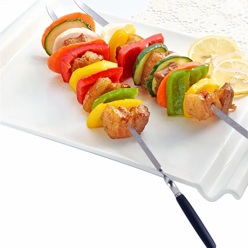 

4-12pcs 21.5in Black Wood BBQ Skewers Stainless Steel Barbecue Grill Needle Wooden Handle BBQ Fork Long Meat Kebob Skewer set