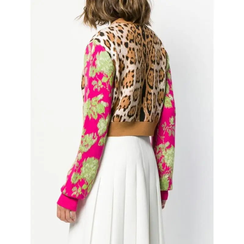 Sexy Leopard Crop Sweater for Women 2019 Autumn Round Neck Long Sleeve Pattern Wool Blend Pullover Female Short Jumper | Женская одежда