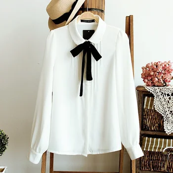 White Blouses Chiffon Peter Peter Pan Collar Casual Shirt Ladies Tops School Blouse 2 style Female Elegant Black Bow Tie 1