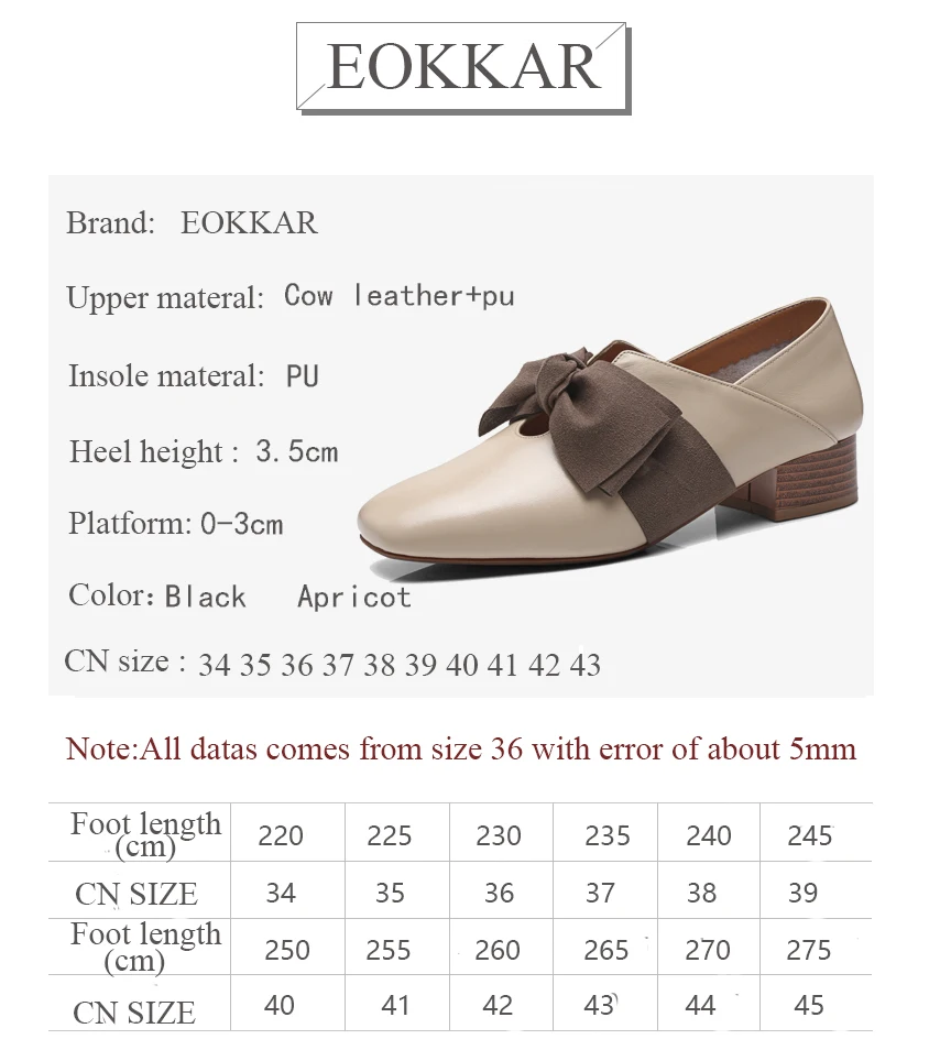 

Eokkar 2019 Square Toe Women Shoes Bow Tie Casual Pumps Riband Med Heels Cow Leather PU Lovely Ladies Pumps Big Size Black 34-43