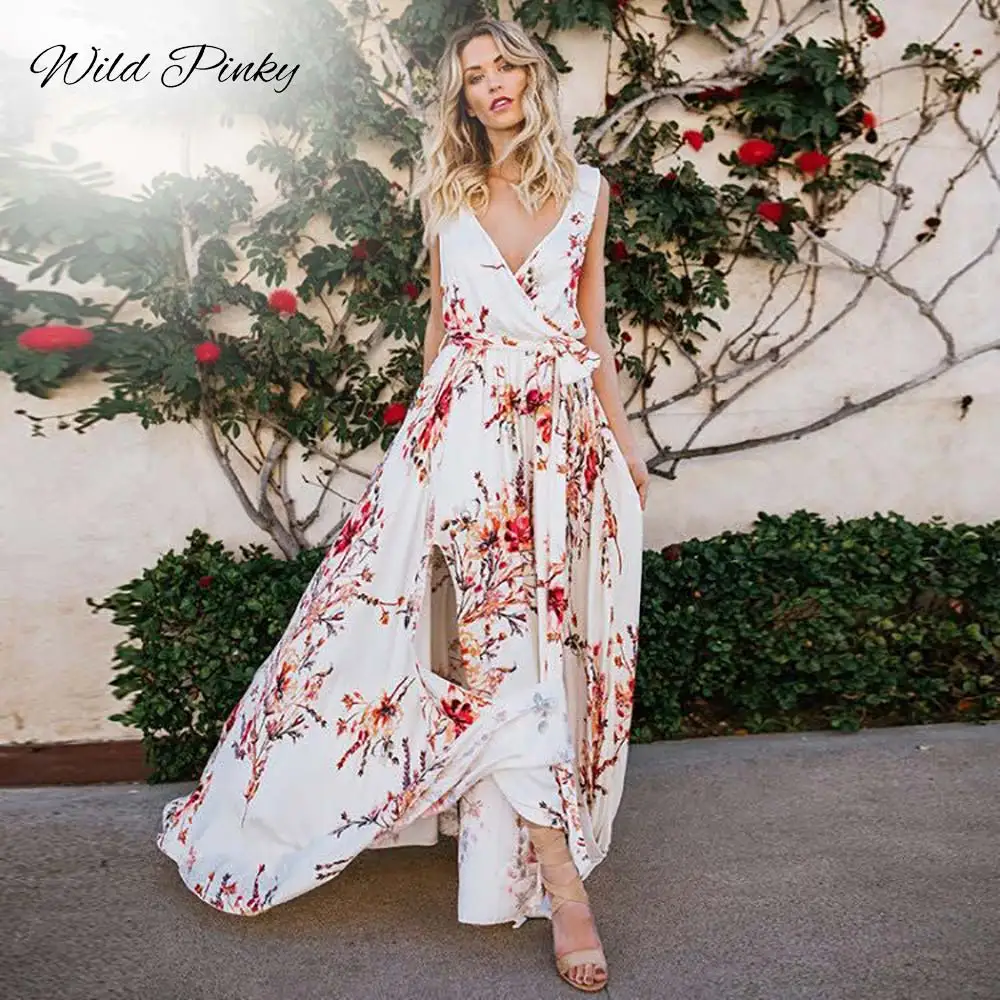 WildPinky Women White Floral Print Dress Sexy Summer Boho Deep V-neck Maxi Split Drawstring Beach Dresses Vestidos | Женская одежда