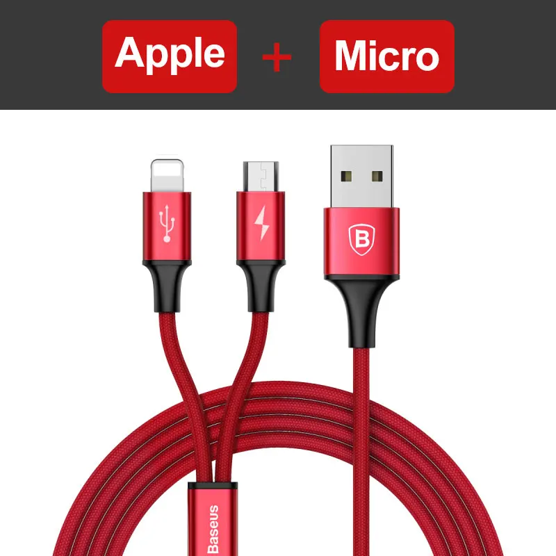 Baseus 2 в 1 USB кабель для iPhone Xs Max Xr X 8 7 6 6S Plus Быстрая зарядка Micro USB кабель для samsung Xiaomi кабель для мобильного телефона - Цвет: Red