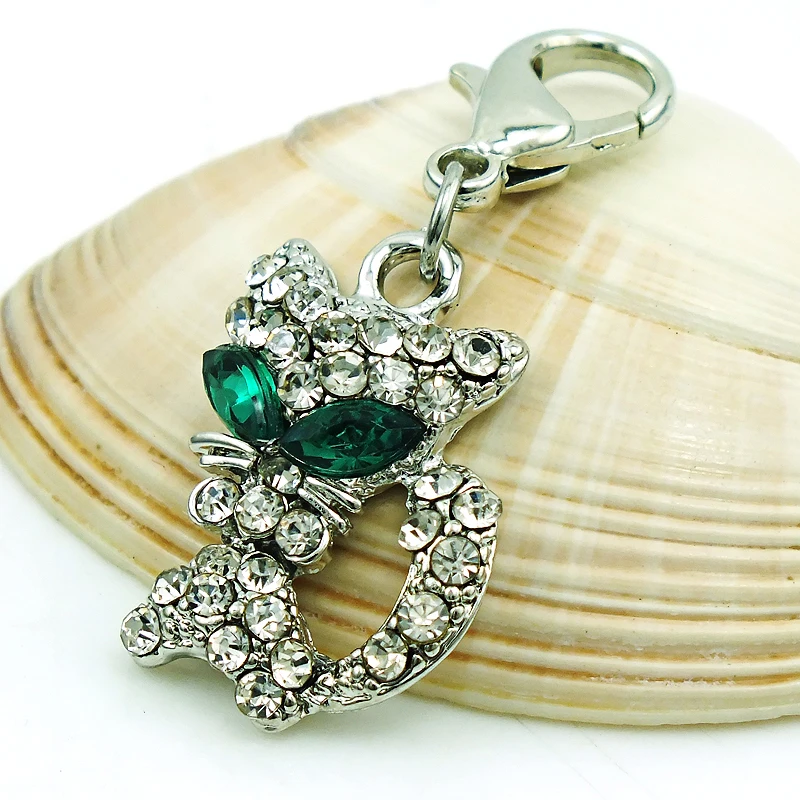 JINGLANG Charms With Lobster Clasp Full Rhinestone Green-eyed Cat Charm Pendant DIY For Jewelry Making Accessories |
