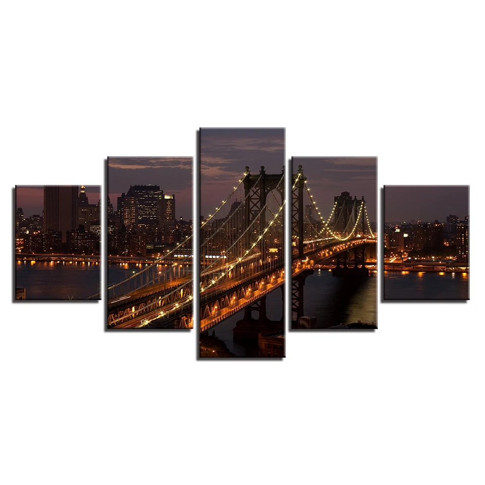 Холст картины гостиная Декор фотографии 5 шт. Манхэттенский мост Нью-Йорк Ночной пейзаж плакаты стены книги по искусству рамки