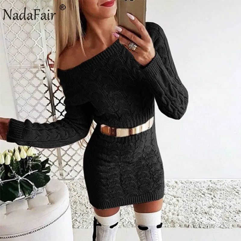 Nadafair теплый вязаный свитер платье для женщин Vestidos розовый черный облегающее мини