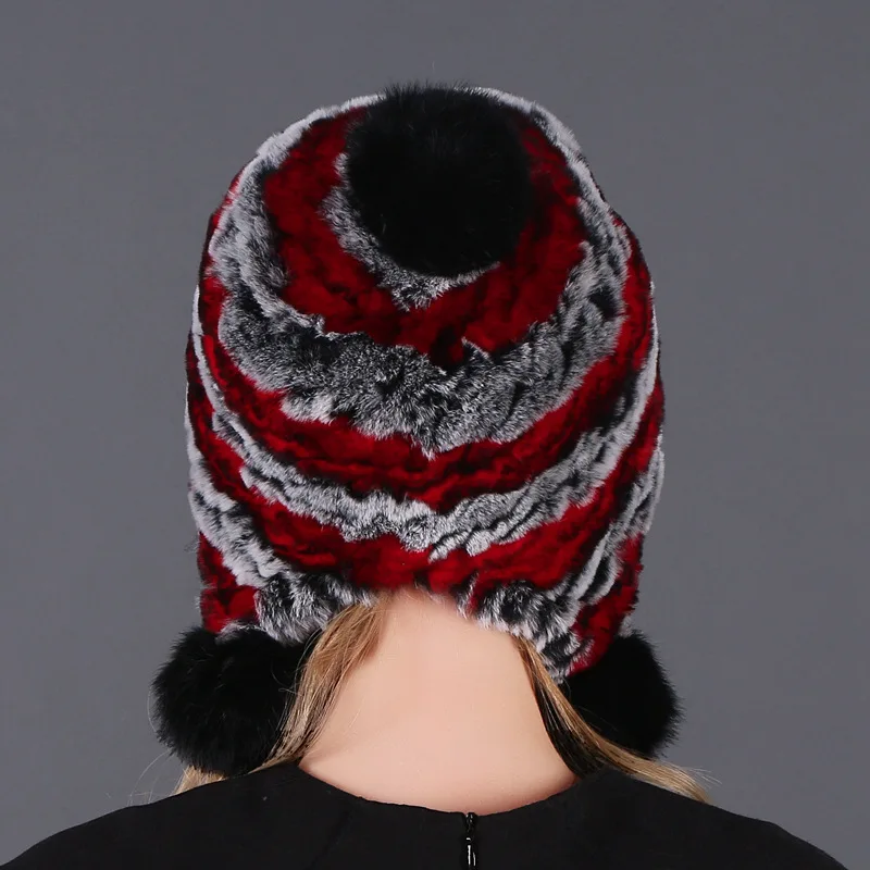 Шапка бини с тремя шариками для защиты ушей женская шапка из меха кролика Рекс