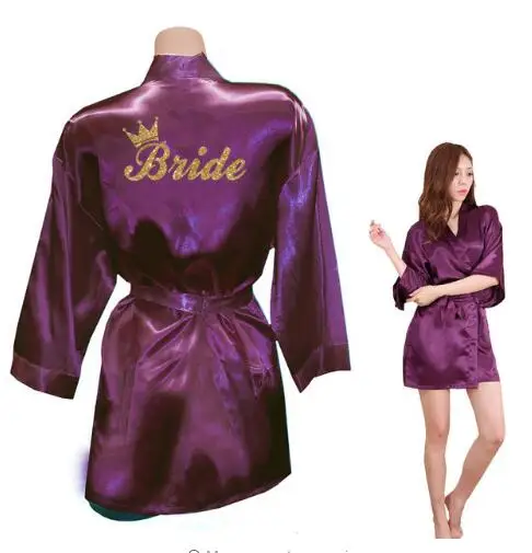 purple Bride Свадебное кимоно с золотым блестящим принтом для невесты, женская одежда из искусственного шелка для девичника, свадебная одежда - Цвет: purple Bride