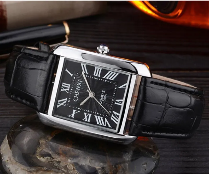 Silver black Модные Классические мужские кварцевые часы CHENXI, роскошный классический дизайн, прямоугольные мужские часы, Erkek Saat - Цвет: Silver black