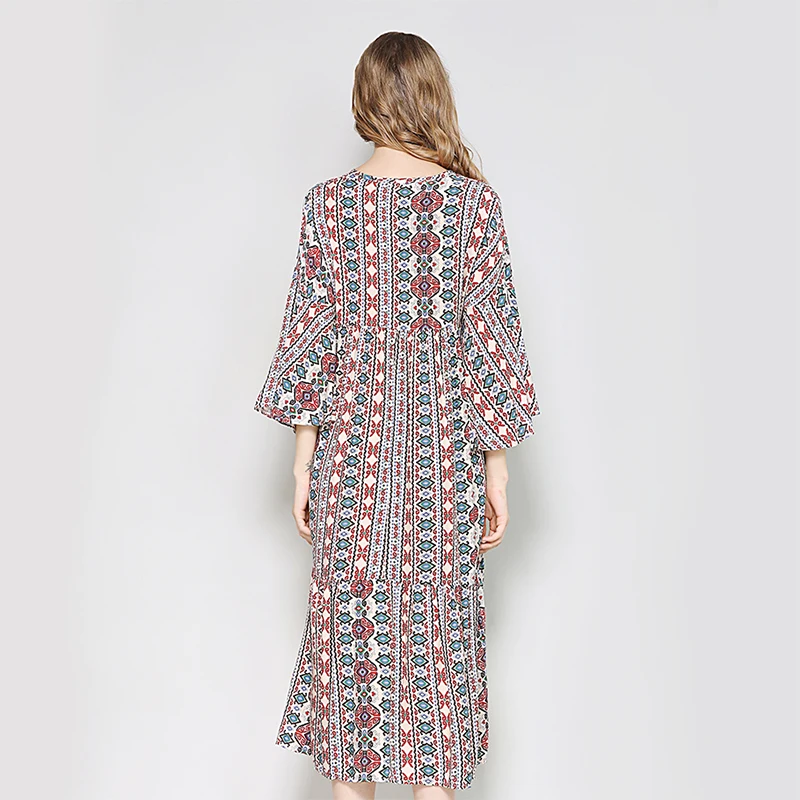 Hanyiren Side Split Loose Vintage Print Summer Dress Bohemian Beach Dresses V Neck Chiffon Women Sexy Long Maxi | Женская одежда