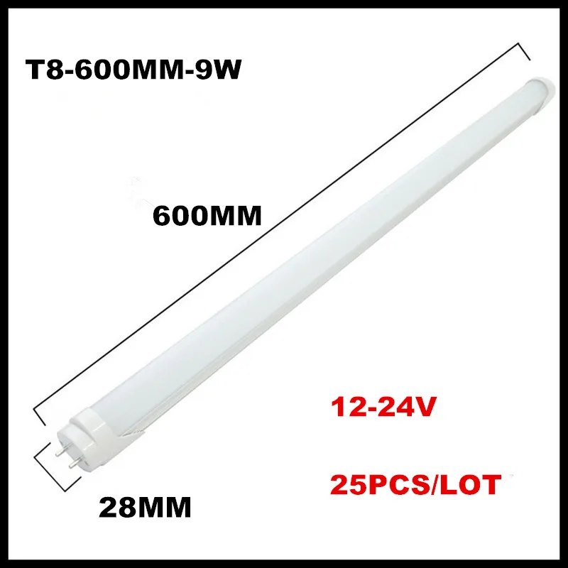 

25pcs/lot 24V LED Tube Light T8 Fluorescent LED Lamp 600MM 9W LED Solar Tube CE&ROHS 2FT 0.6M 12V 24V LED Bulb Indoor Lights