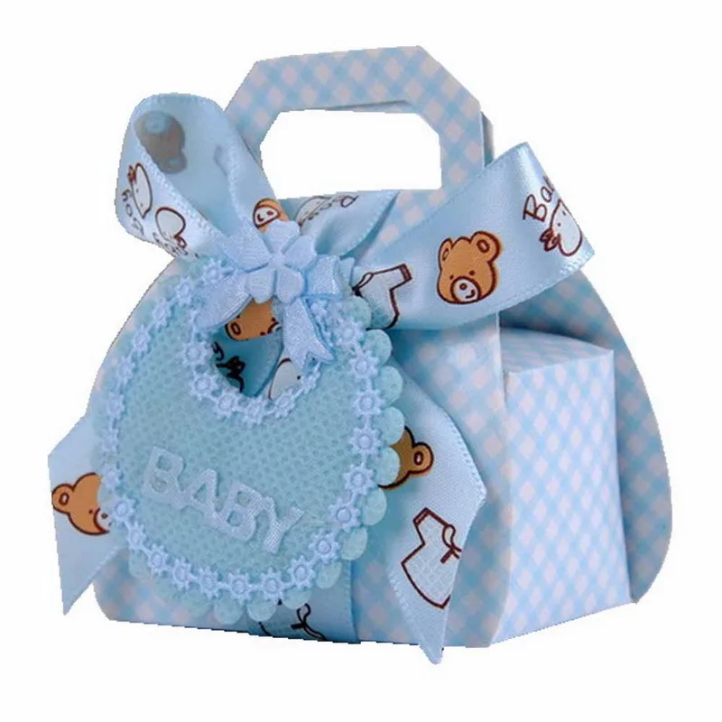 24/48pcs Bear Shape DIY Paper Wedding Gift Christening Party Favor Chocolate Cake Dragee Boxes Candy Box with Bib Tags & Ribbons