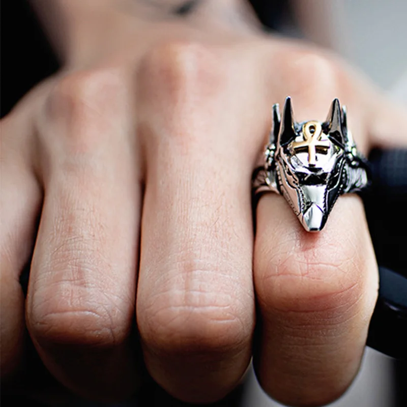 Unisex Personal Self Defense Ring Punk Anubis Egyptian Cross Beast Anti-wolf Finger Titanium Steel Vintage Wolf Rings Gift | Безопасность