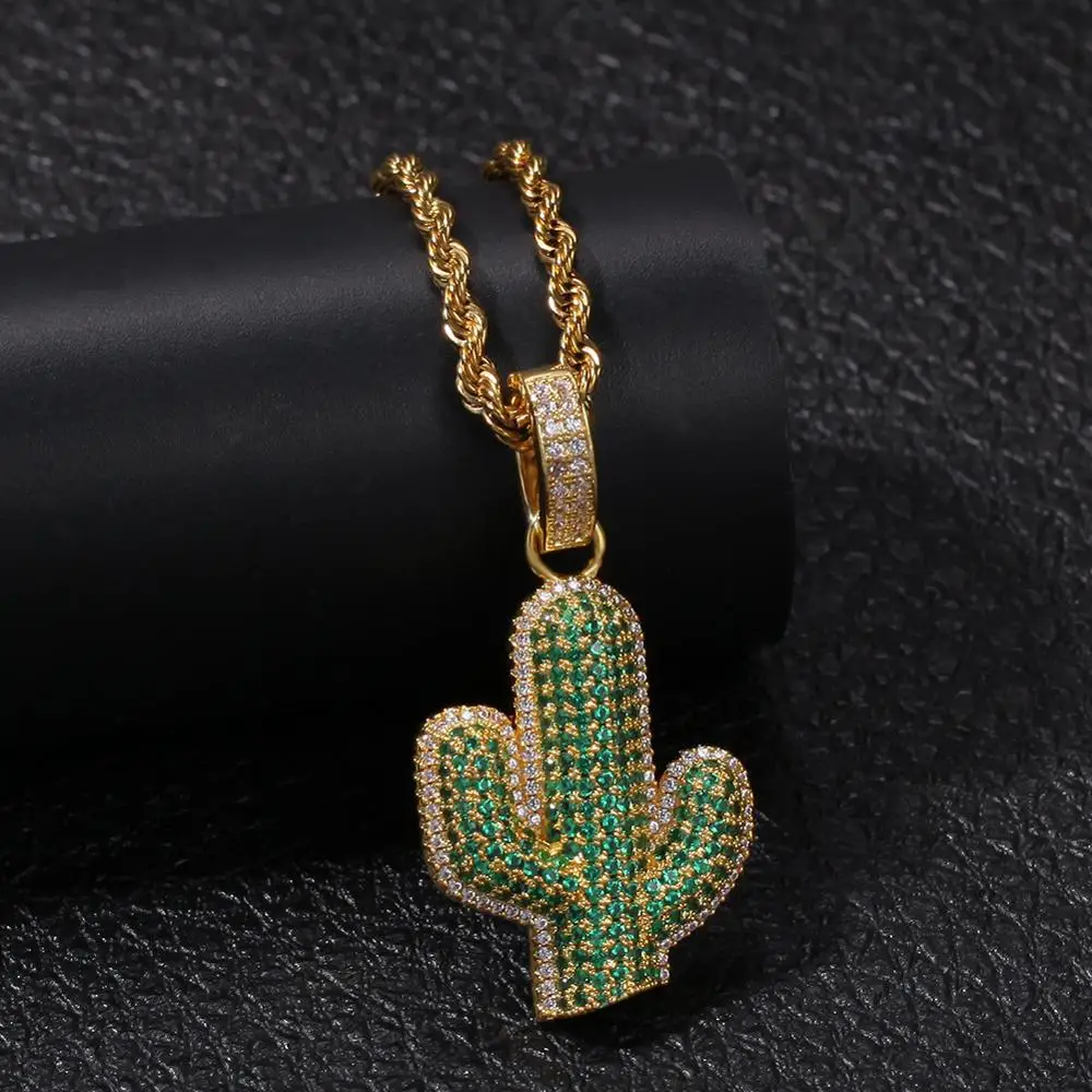 Хип хоп микро паве зеленый AAA кубического циркония Bling лед из растений кактус подвески ожерелья для мужчин рэппер ювелирные изделия