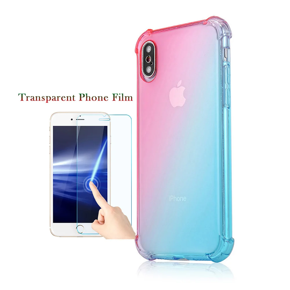 Shockproof Soft TPU Phone Case Transparent Gradient Cute Mobile Cover for iPhone 7 6 S 8 Plus XS Max with Film |