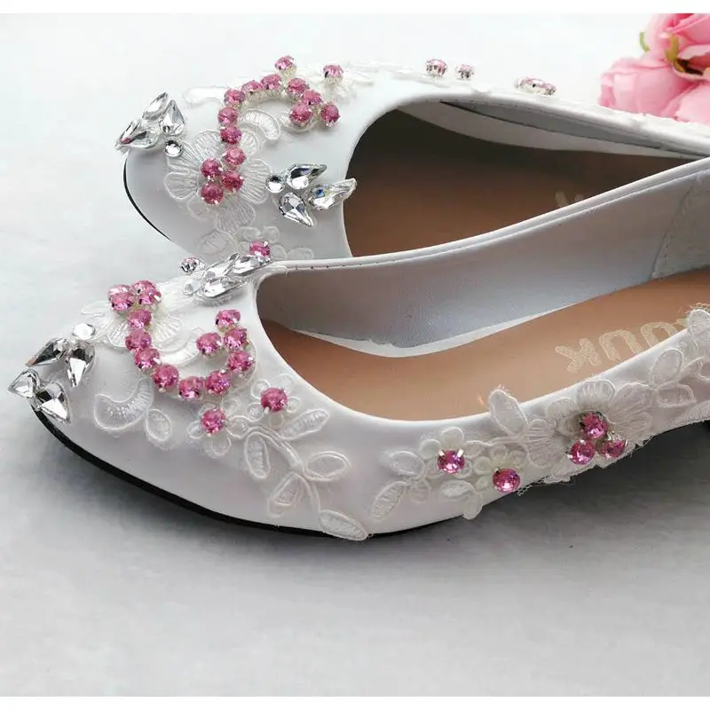 Pink crystal rhinestones wedding shoes bride white lace round toes small low heel lady female party proms dress | Обувь