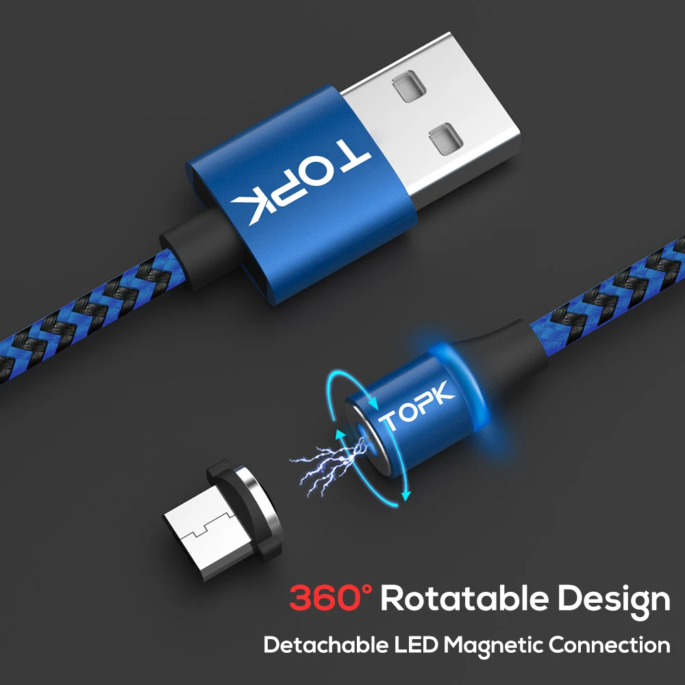 TOPK AM33 Micro USB Магнитный кабель с нейлоновой оплеткой кабели для мобильных телефонов для Micro USB порта Microusb светодиодный магнитный кабель для зарядки