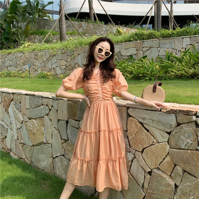 Летнее платье 2019 Корея ретро одежда короткий рукав плиссированные платья
