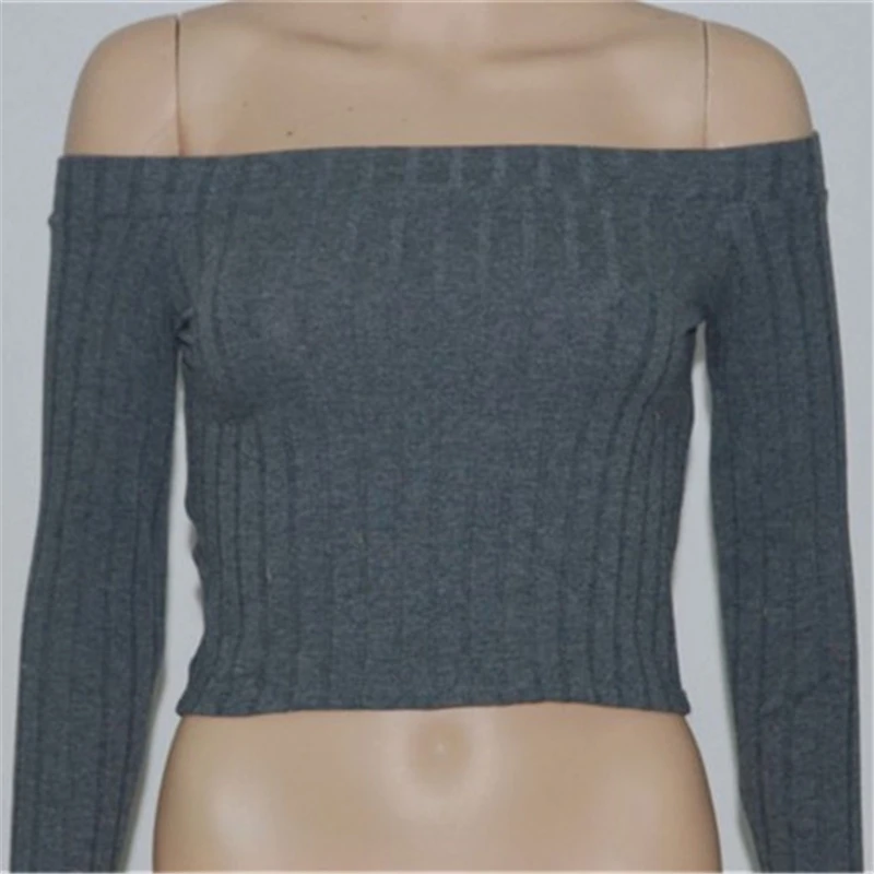

2016 Autumn New Elegant Sexy Slim Elastic Basic Rib Knit Off Shoulder Slash Neck Long Sleeve Women T Shirt Crop Tops Knitwear
