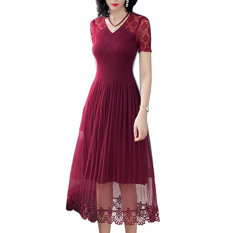 

2019 Spring Summer dress short sleeves women Lace long dress elegant Party Sexy V-Neck Chiffon dress vestidos Female plus size