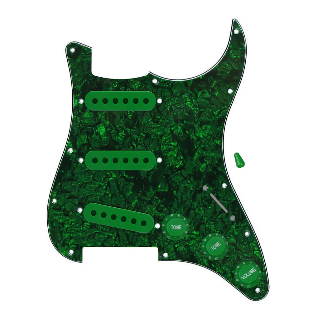 Green Pearl Набор из 11 отверстий гитары накладка sss+ 50/52/УФ-фильтр 52 мм с одновитковая катушка крышки звукоснимателя+ 2T1V мини гитара+ 5 позиционный переключатель, наконечник для ST гитары Запчасти - Цвет: Green Pearl