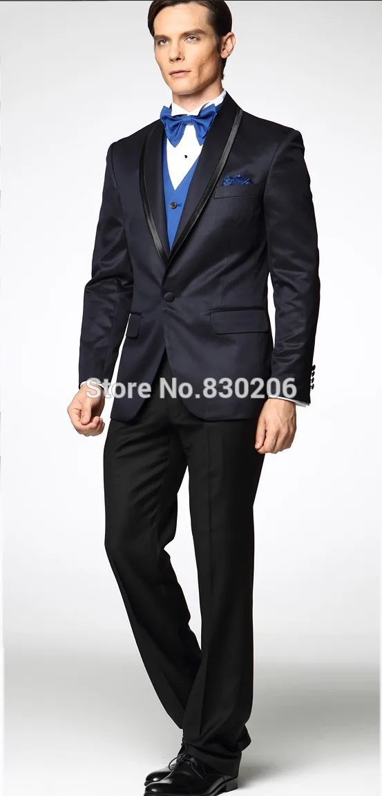 New Navy Blue Jacket Black Pants Groom 