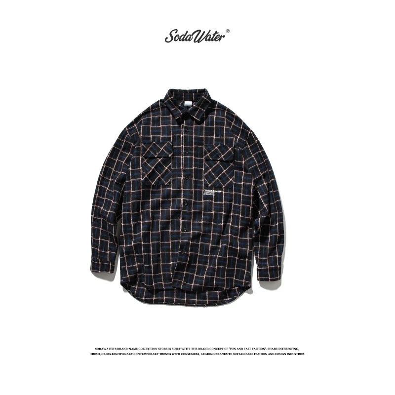 SODA WATER Men Casual Plaid Shirts Harajuku Autumn Letter Print Long Sleeve Shirt For Men Retro Loose Front Pocket Shirts 92107W - Цвет: Black