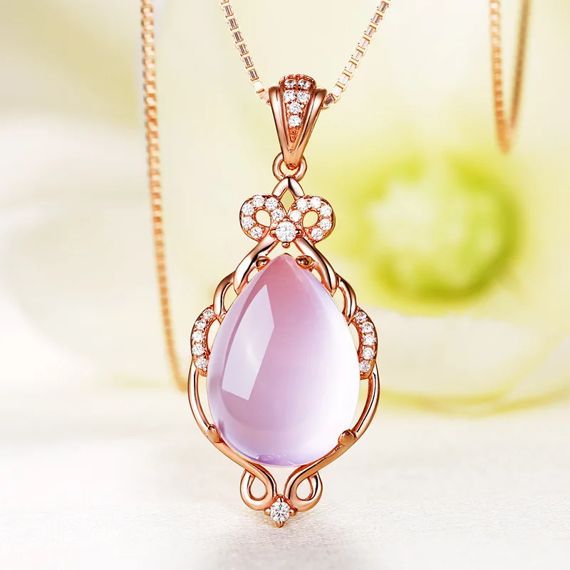 OMHXZJ Wholesale European Fashion Woman Girl Party Gift Rose Quartz AAA Zircon S925 Sterling Silver Necklace Pendant Charm CA151 | Украшения
