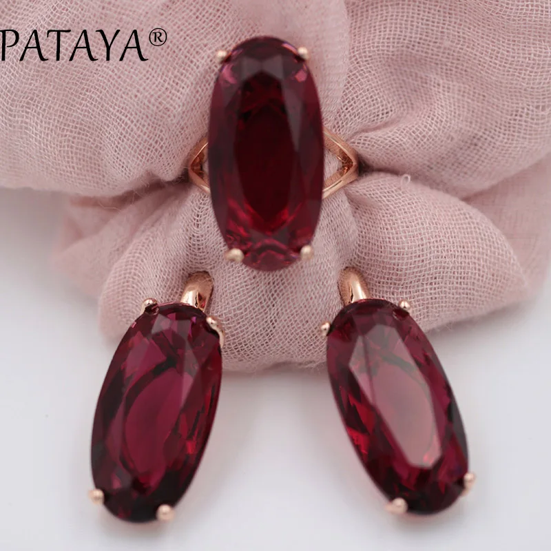 Dark Rose Red PATAYA изящный набор украшений для женщин модные свадебные благородные 585 розовое золото Овальный искусственный кубический циркон синие серьги кольца наборы - Окраска металла: Dark Rose Red